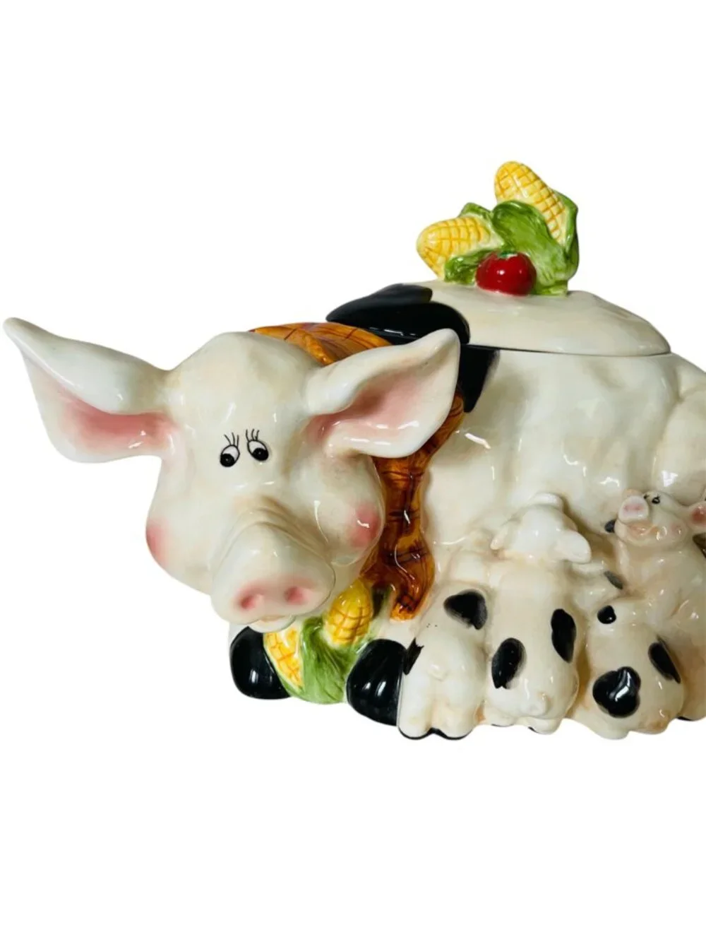 Vintage Whimsical Mother Pig and Nursing Piglets Cookie Jar Farm Harvest Theme